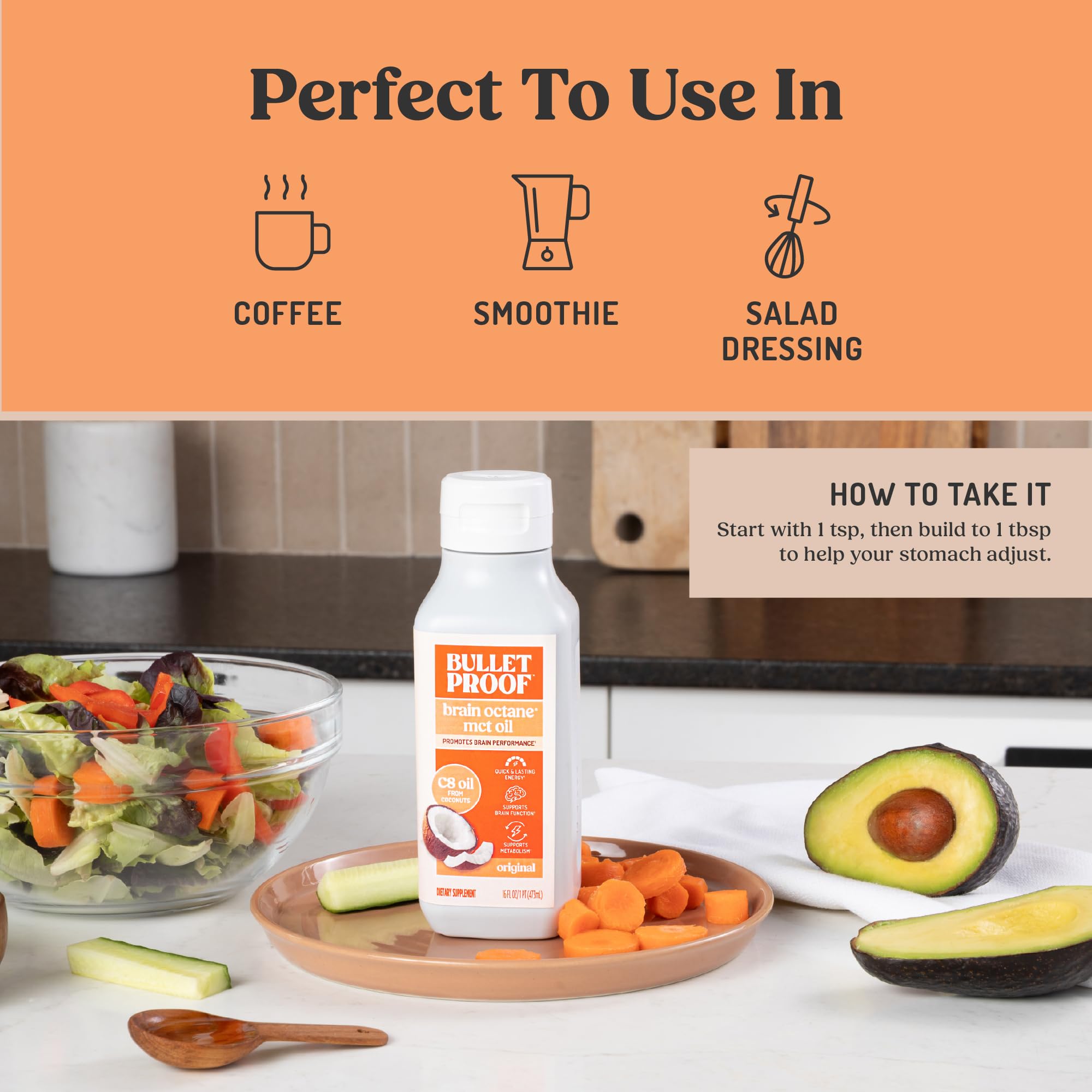 Bulletproof cucharada medida con aceite C8 para control de dosis