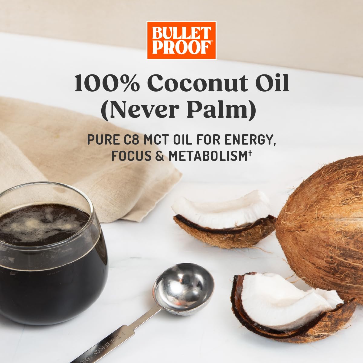 Bulletproof Brain Octane pour-spoon closeup indicates simple starting dose.