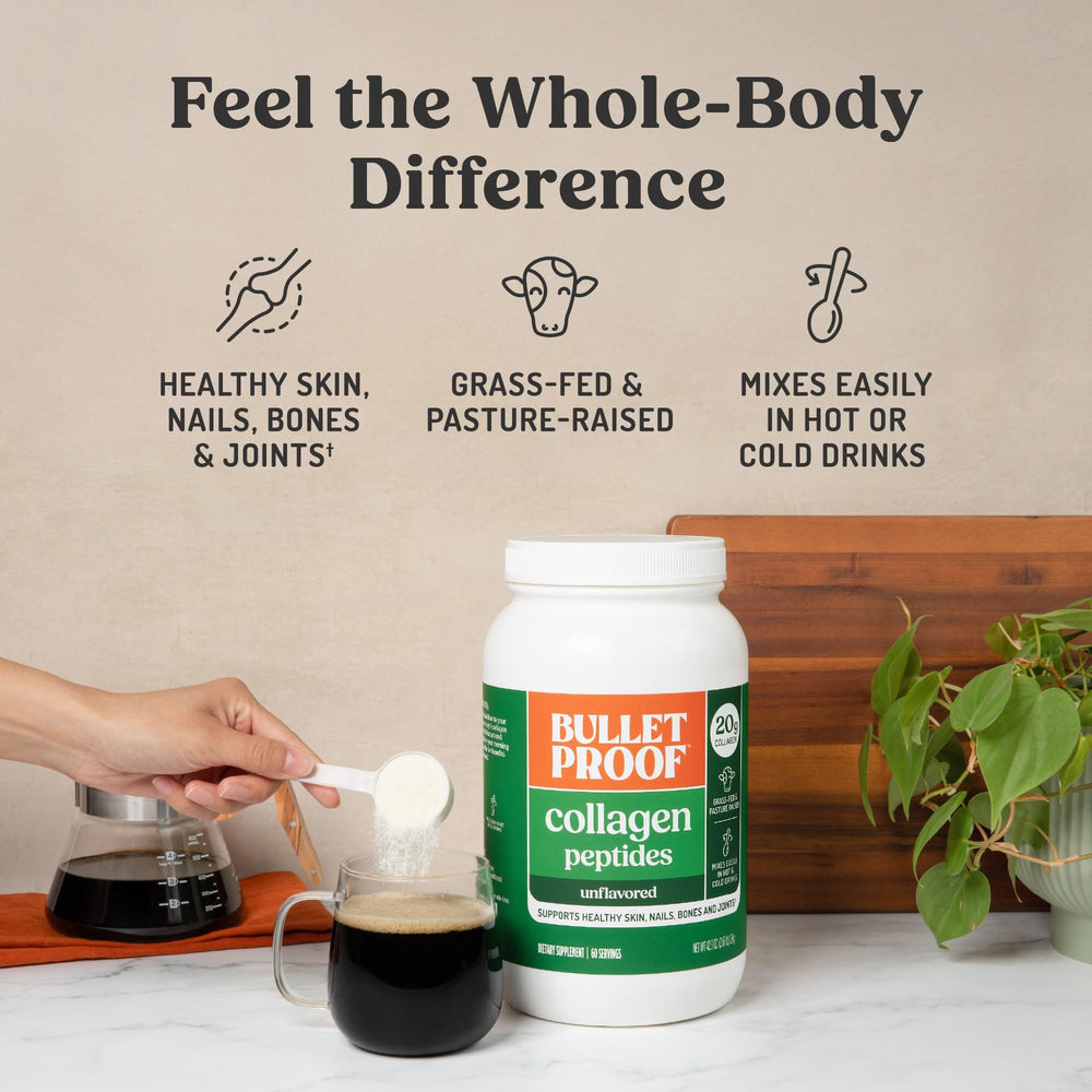 Bulletproof mezclado en café matutino, energía y proteína sin sabor