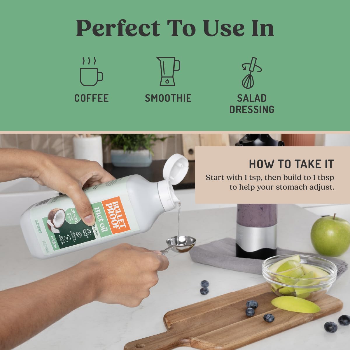Bulletproof aceite mezclado en batido verde para saciedad rápida