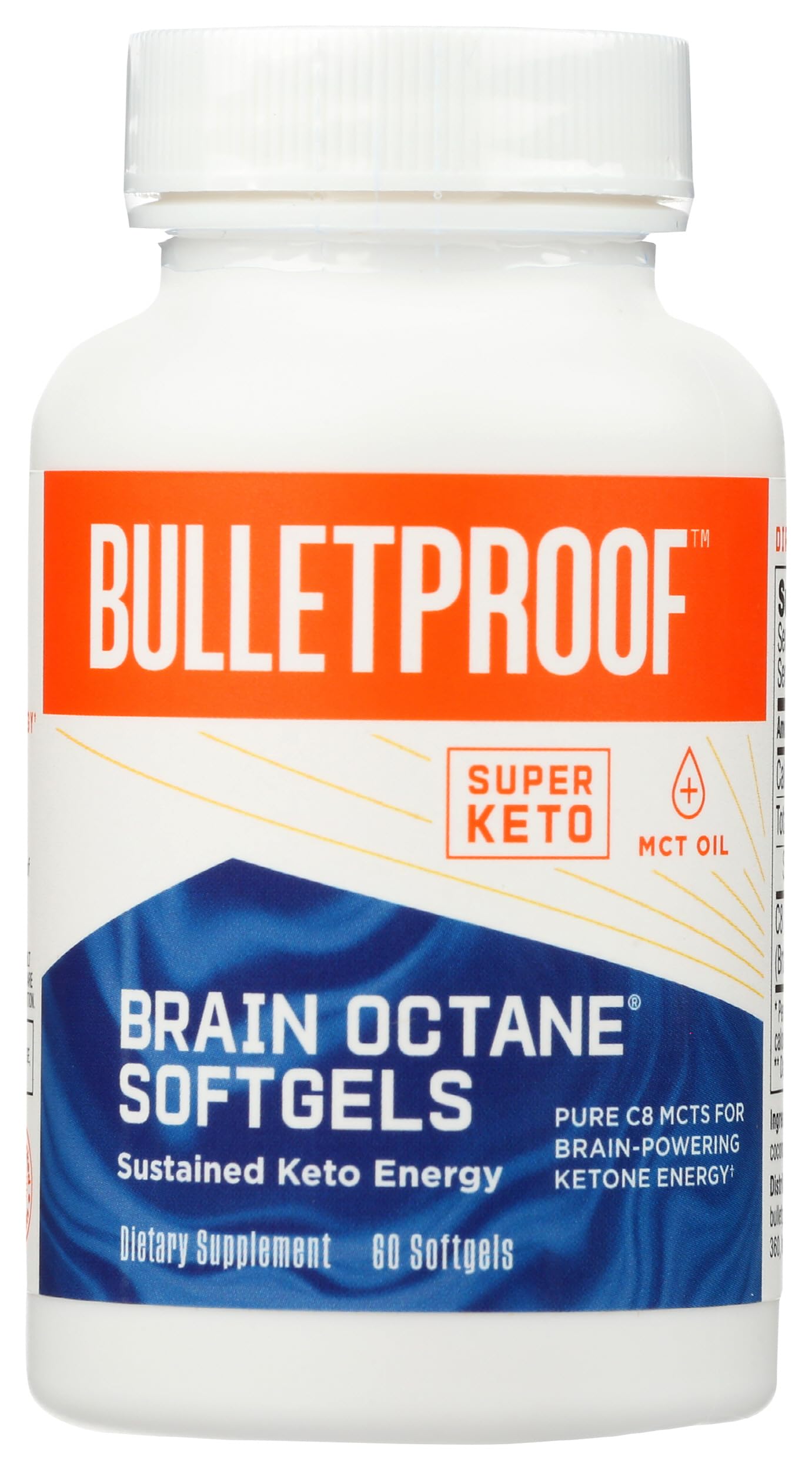 Bulletproof frasco frente mostrando 60 cápsulas y diseño de marca, facilita transporte