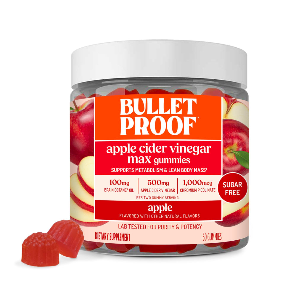 Bulletproof frasco frontal de Apple Cider Vinegar Max mostrando el envase y beneficios claros