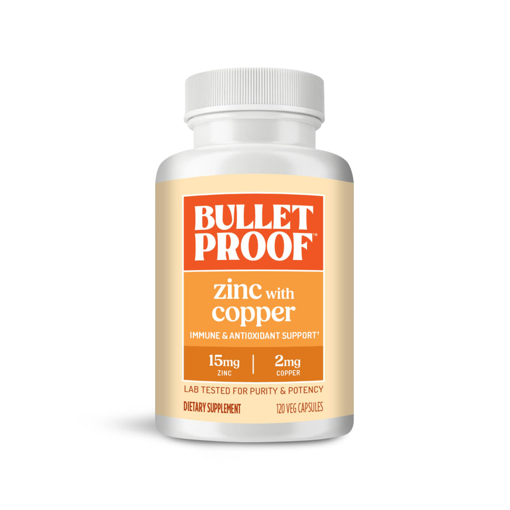 Bulletproof frasco frontal mostrando 120 cápsulas para apoyo inmunitario