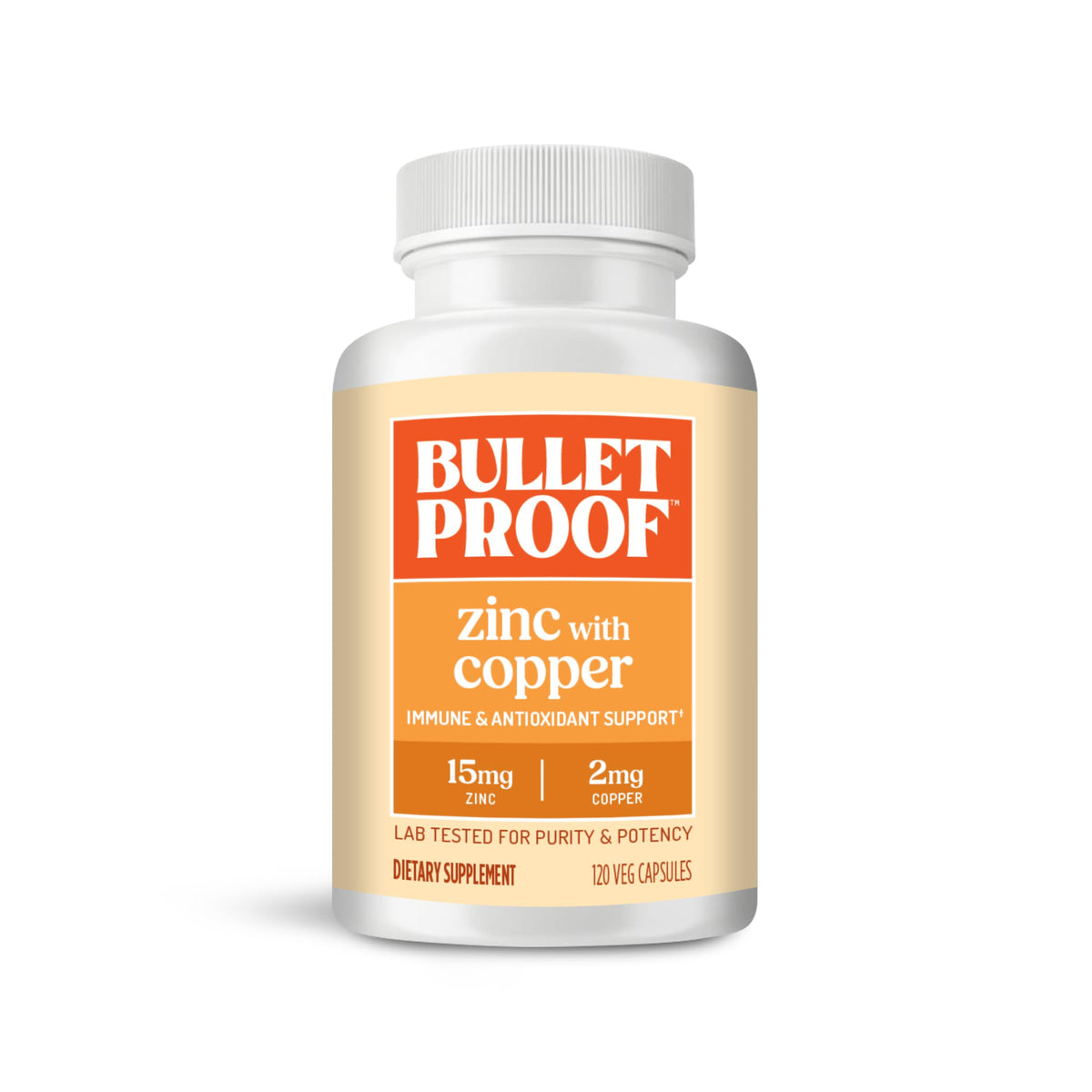 Bulletproof frasco frontal mostrando 120 cápsulas para apoyo inmunitario