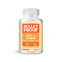 Bulletproof frasco frontal mostrando 120 cápsulas para apoyo inmunitario