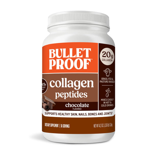 Bulletproof frente del producto mostrando el envase grande y beneficios