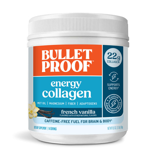 Bulletproof envase frontal Vanilla Bean mostrando diseño y tamaño, ideal para nutrición diaria