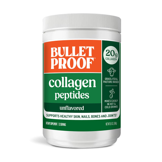 Bulletproof frasco frontal de Collagen Peptides mostrando etiqueta clara y beneficios