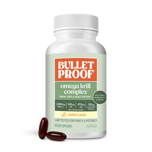 Bulletproof frasco frontal de Omega Krill Complex 120 cápsulas mostrando etiqueta clara y sabor limón