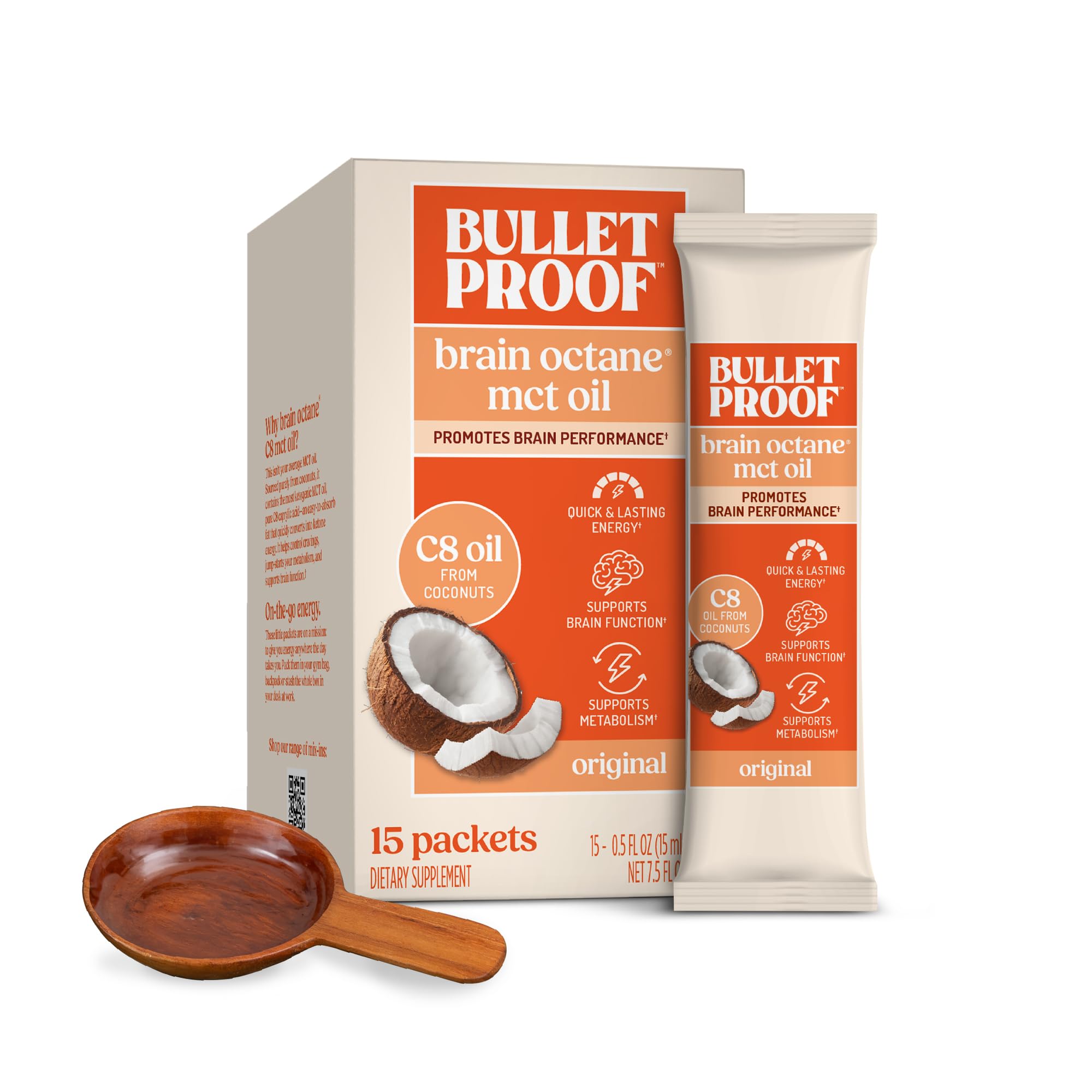 Bulletproof paquete frontal mostrando 15 sobres y conveniencia portátil
