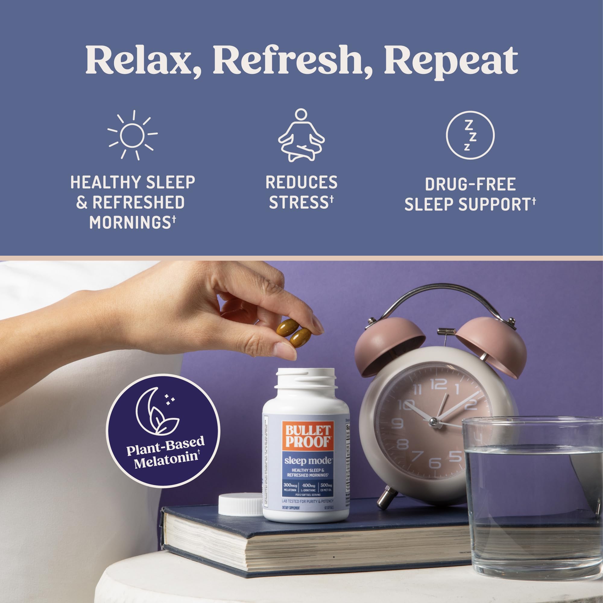 Bulletproof producto en dormitorio, imagen lifestyle para promover descanso