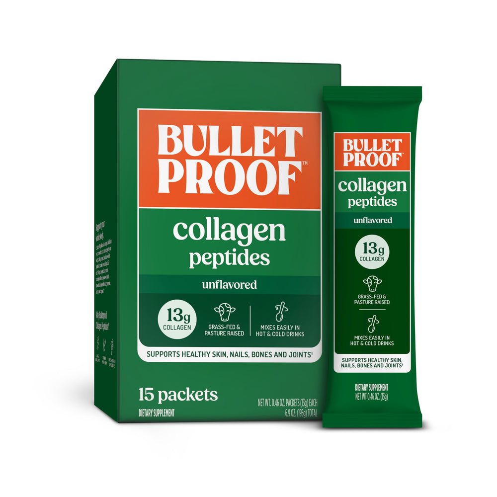 Bulletproof sobre frontal mostrando embalaje y conveniencia