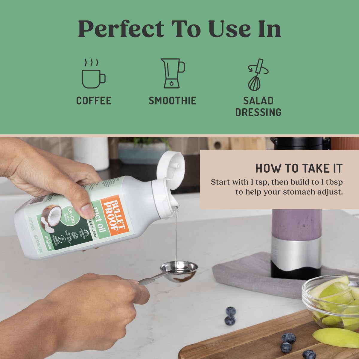 Bulletproof botella junto a objeto de referencia para escala y tamaño