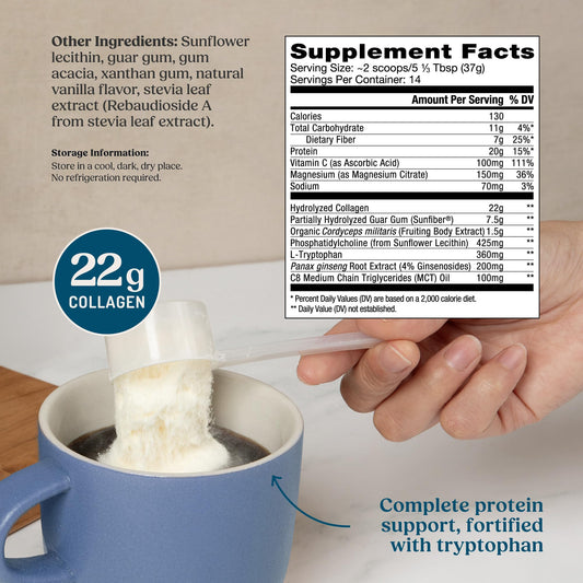 Polvo de Bulletproof Energy Collagen textura fina en primer plano, fácil disolución