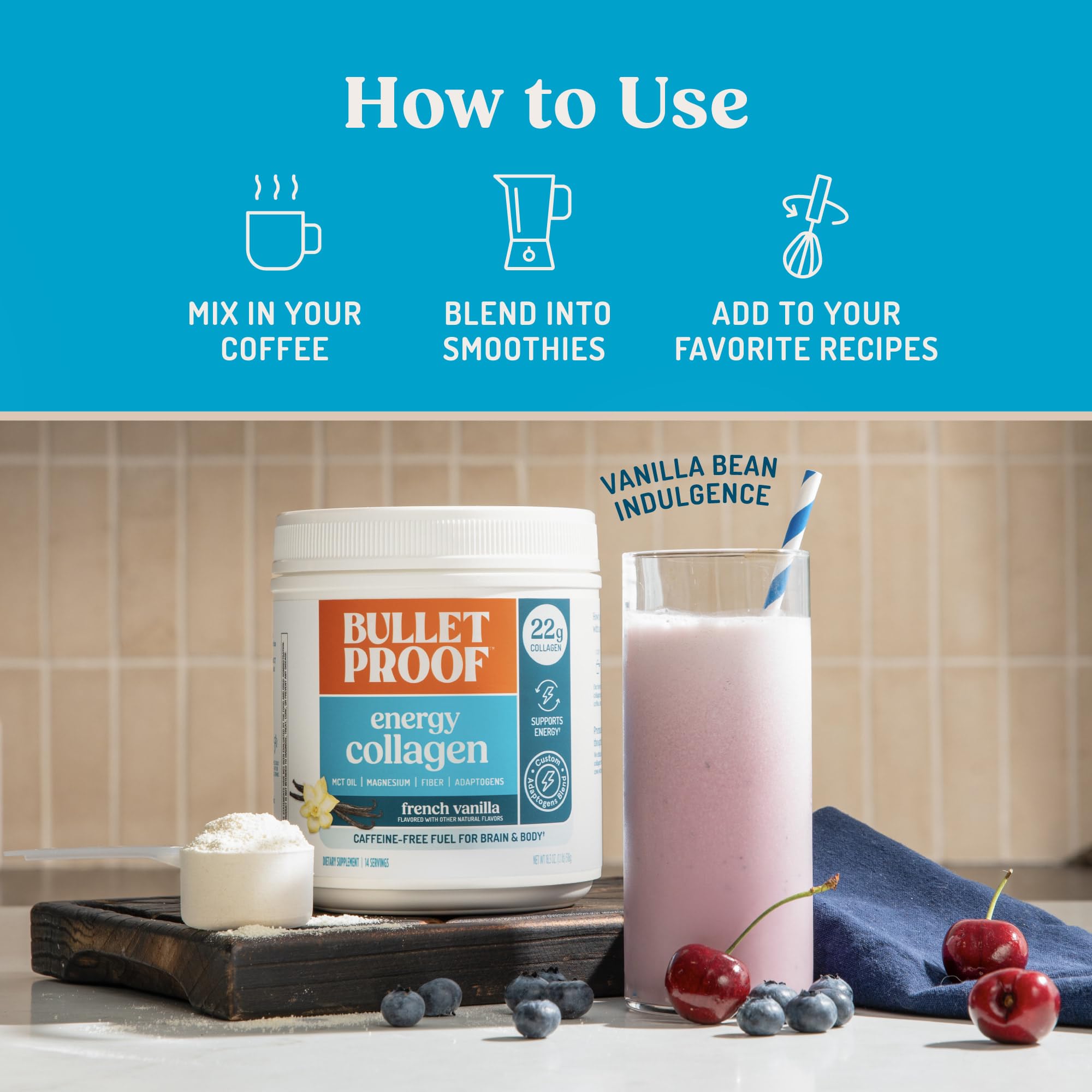 Batido saludable con Bulletproof mezclado, aporte proteico y adaptación a recetas