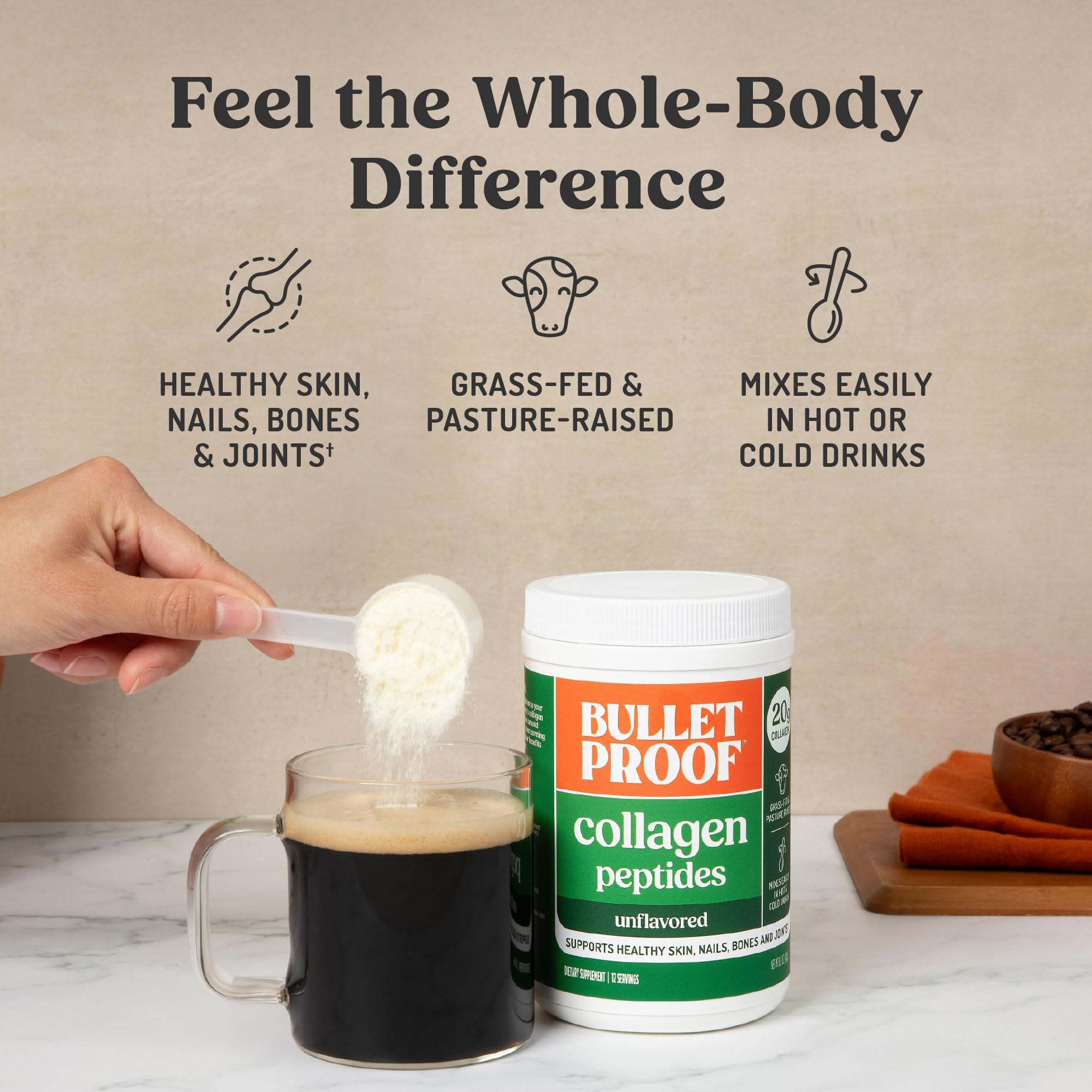 Bulletproof colágeno sin sabor mezclado en café aportando proteína sin alterar sabor