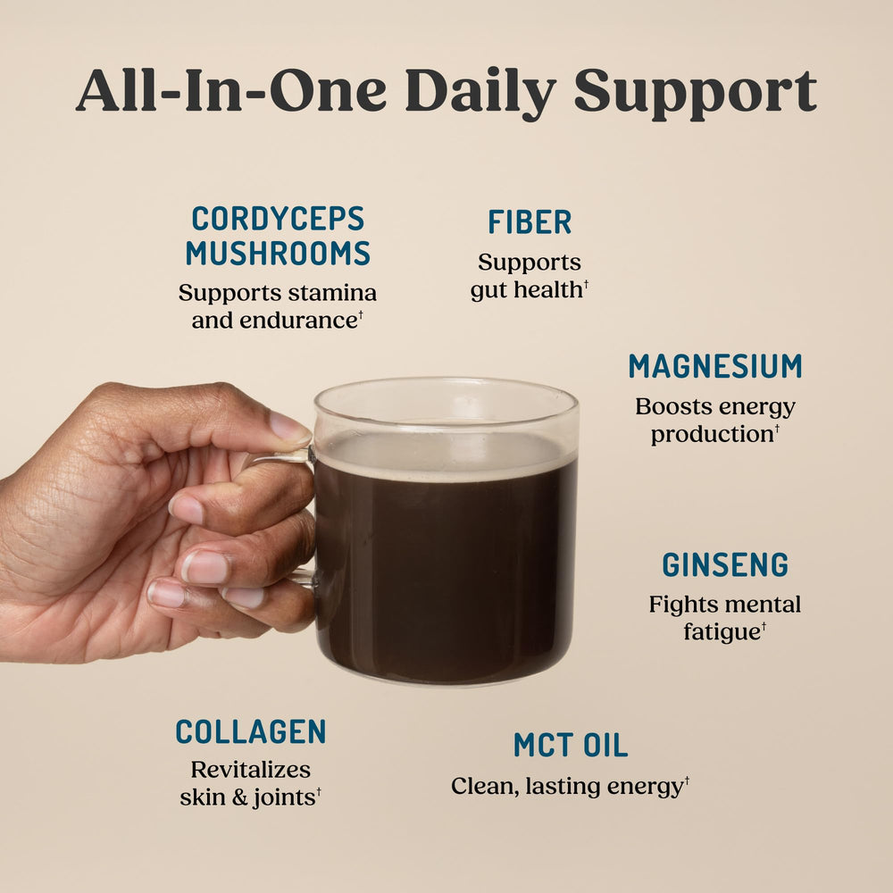 Vaso con bebida preparada Bulletproof Vanilla Bean, sabor cremoso y energía sin cafeína