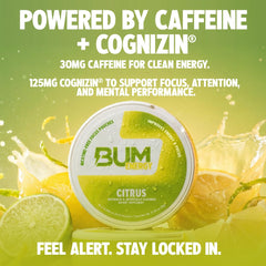 Bum Energy etiqueta de ingredientes claro para verificar cafeína y Cognizin