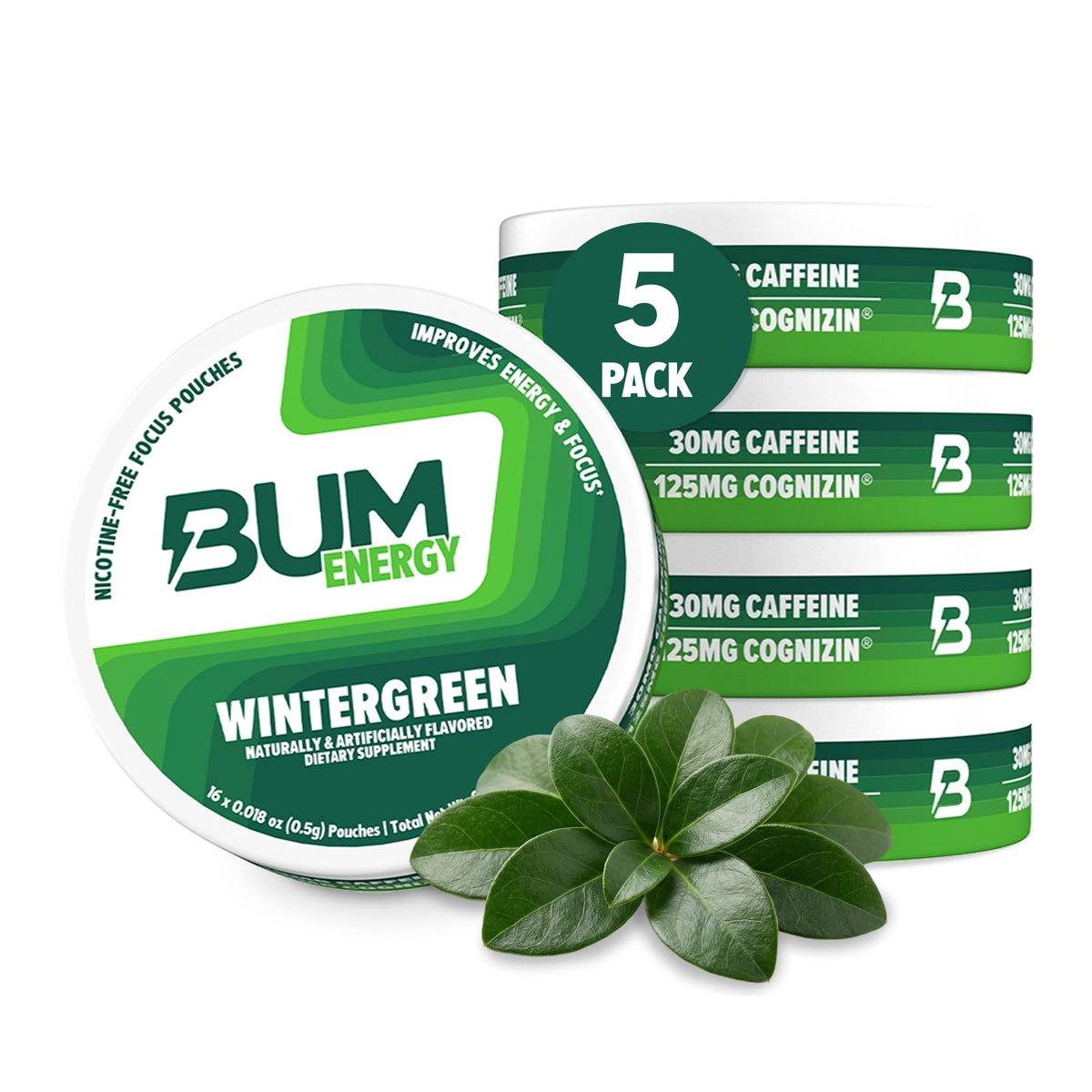 Bum Energy pack frontal mostrando diseño y sabor wintergreen para identificación rápida