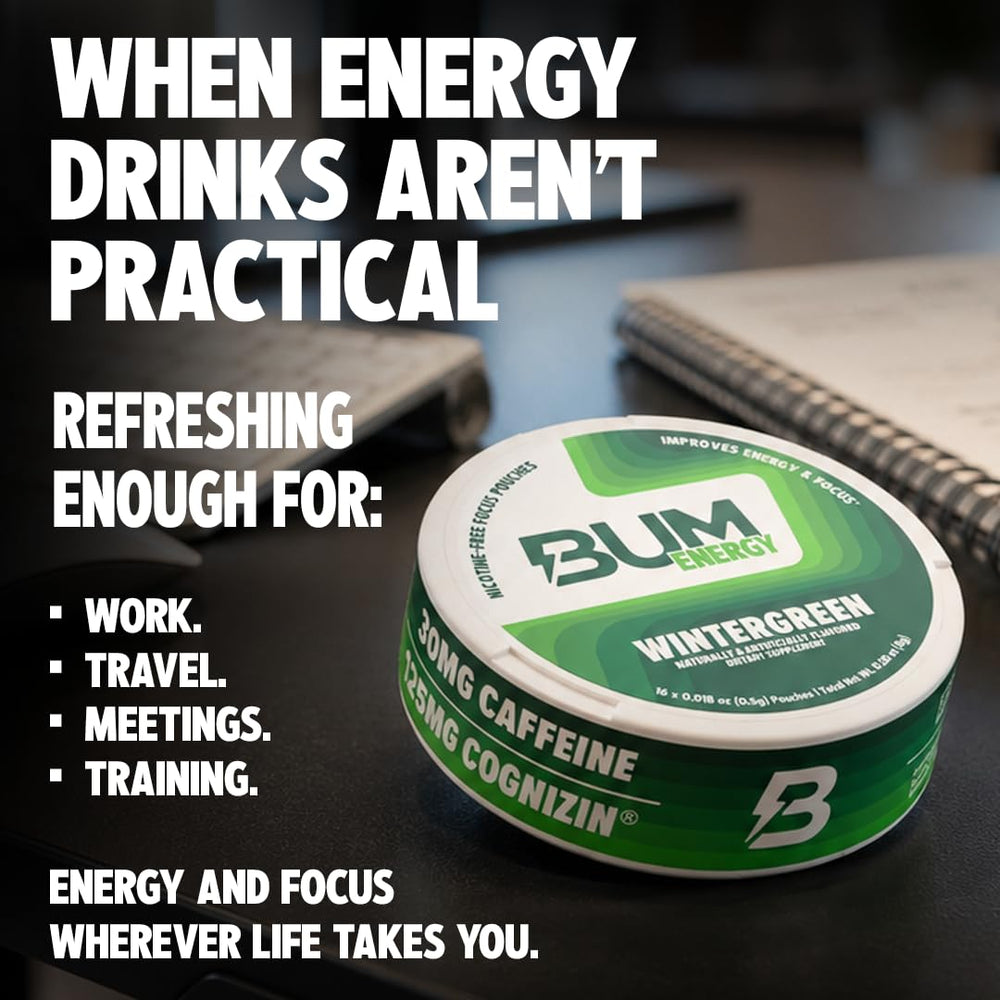 Bum Energy cinco packs apilados mostrando pack de venta y almacenamiento práctico