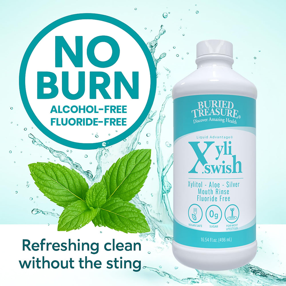 Buried Treasure Xyli Swish etiqueta con ingredientes destacando ingredientes naturales