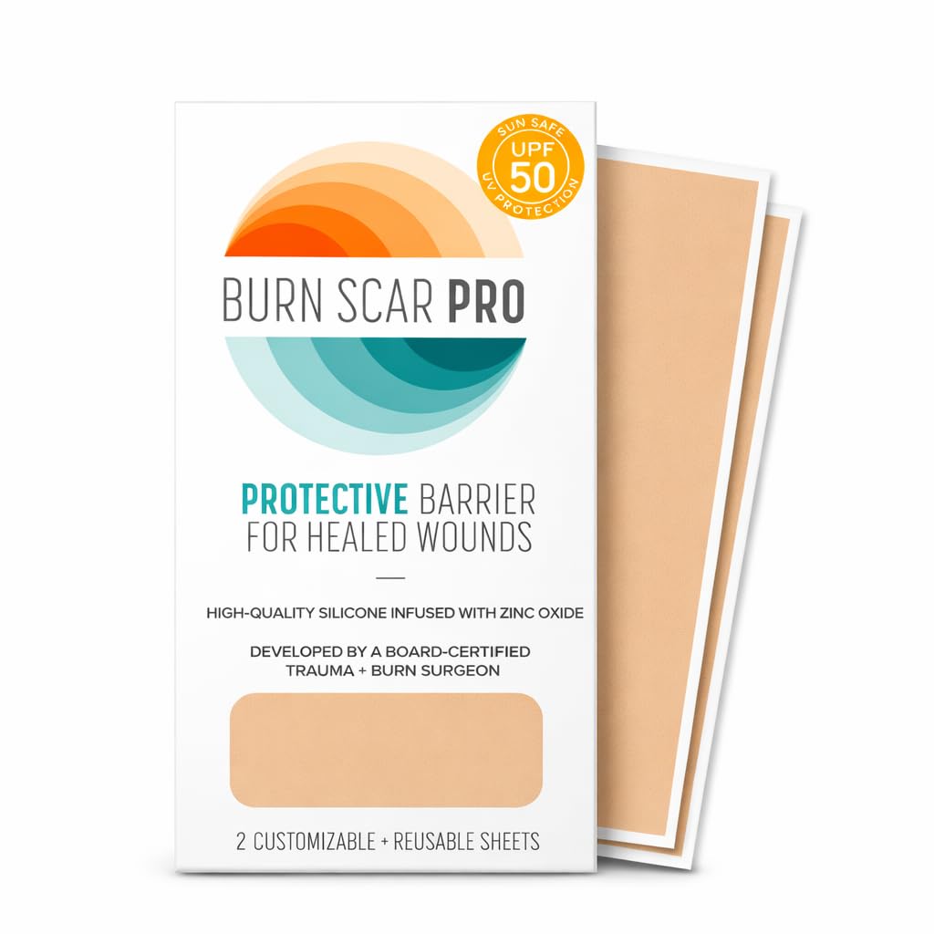 Burn Scar Pro envase frontal mostrando dos láminas y beneficio de protección