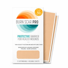 Burn Scar Pro envase frontal mostrando dos láminas y beneficio de protección