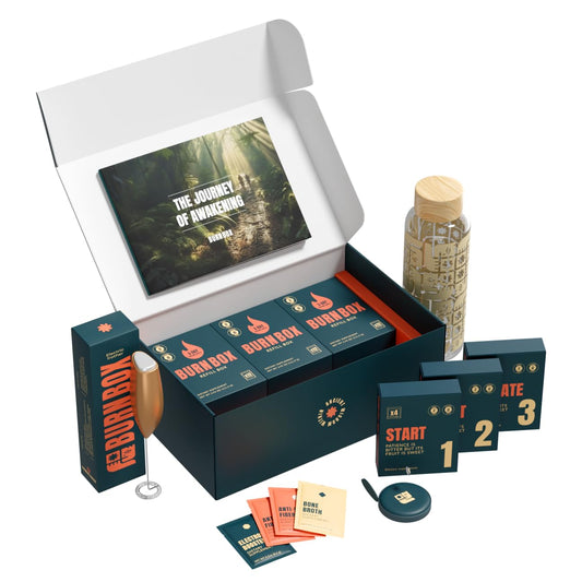 BURNBOX frente del empaque mostrando todo el kit y beneficios
