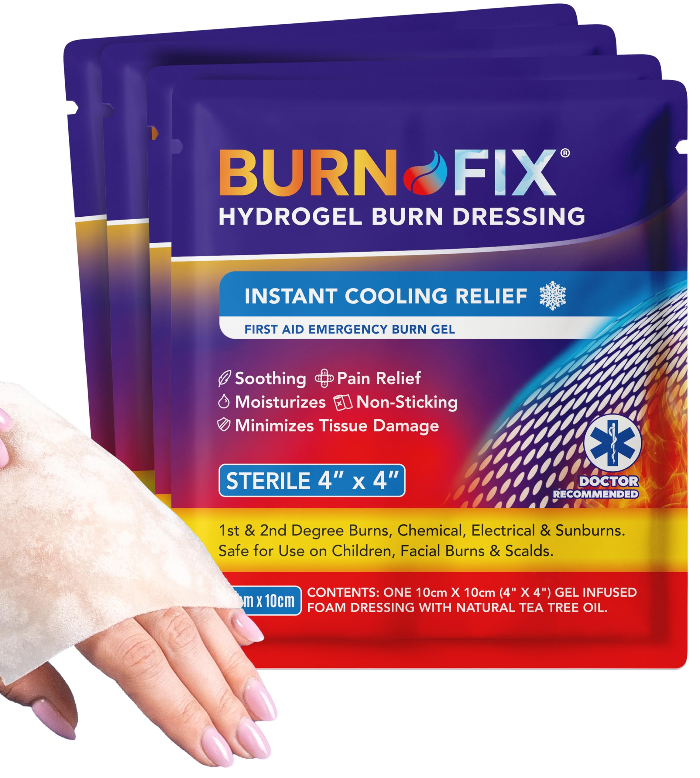 BurnFix paquete delantero mostrando cuatro apósitos para alivio rápido