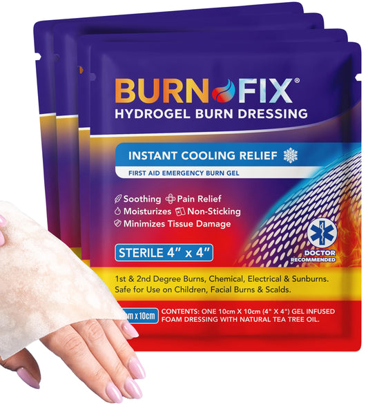 BurnFix paquete delantero mostrando cuatro apósitos para alivio rápido