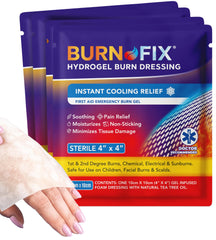 BurnFix paquete delantero mostrando cuatro apósitos para alivio rápido