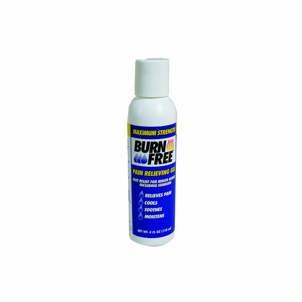 BURNFREE envase frontal 4 oz mostrando aplicador, alivio rápido portátil