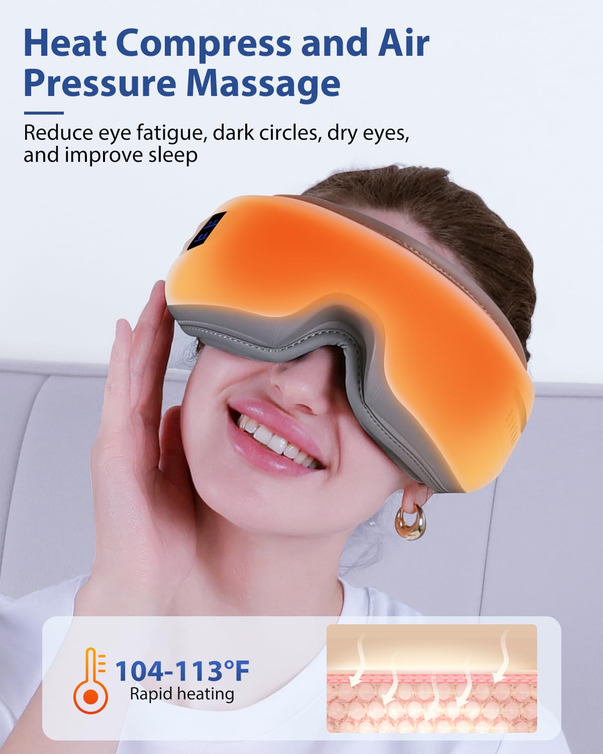 Burrki máscara con calor activado mostrando la función térmica para aliviar tensión ocular