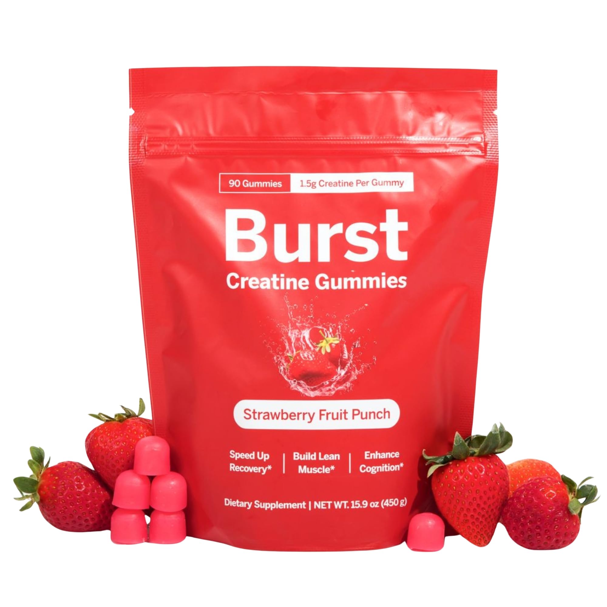 Burst Creatine frasco frontal mostrando 90 gomitas y etiqueta clara beneficio práctico