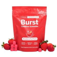 Burst Creatine frasco frontal mostrando 90 gomitas y etiqueta clara beneficio práctico