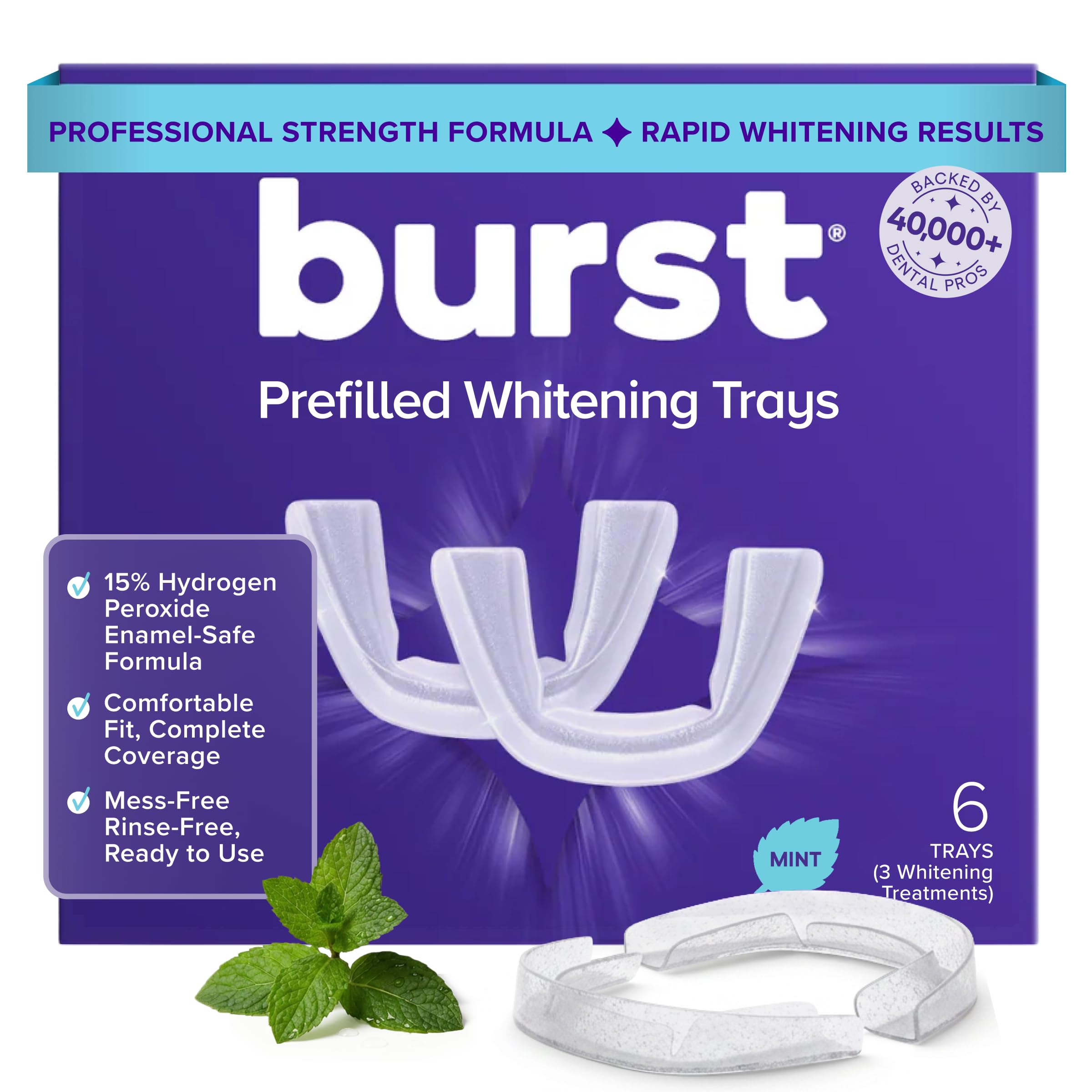 Burst embalaje frontal mostrando 6 bandejas, presenta información clara y profesionalidad