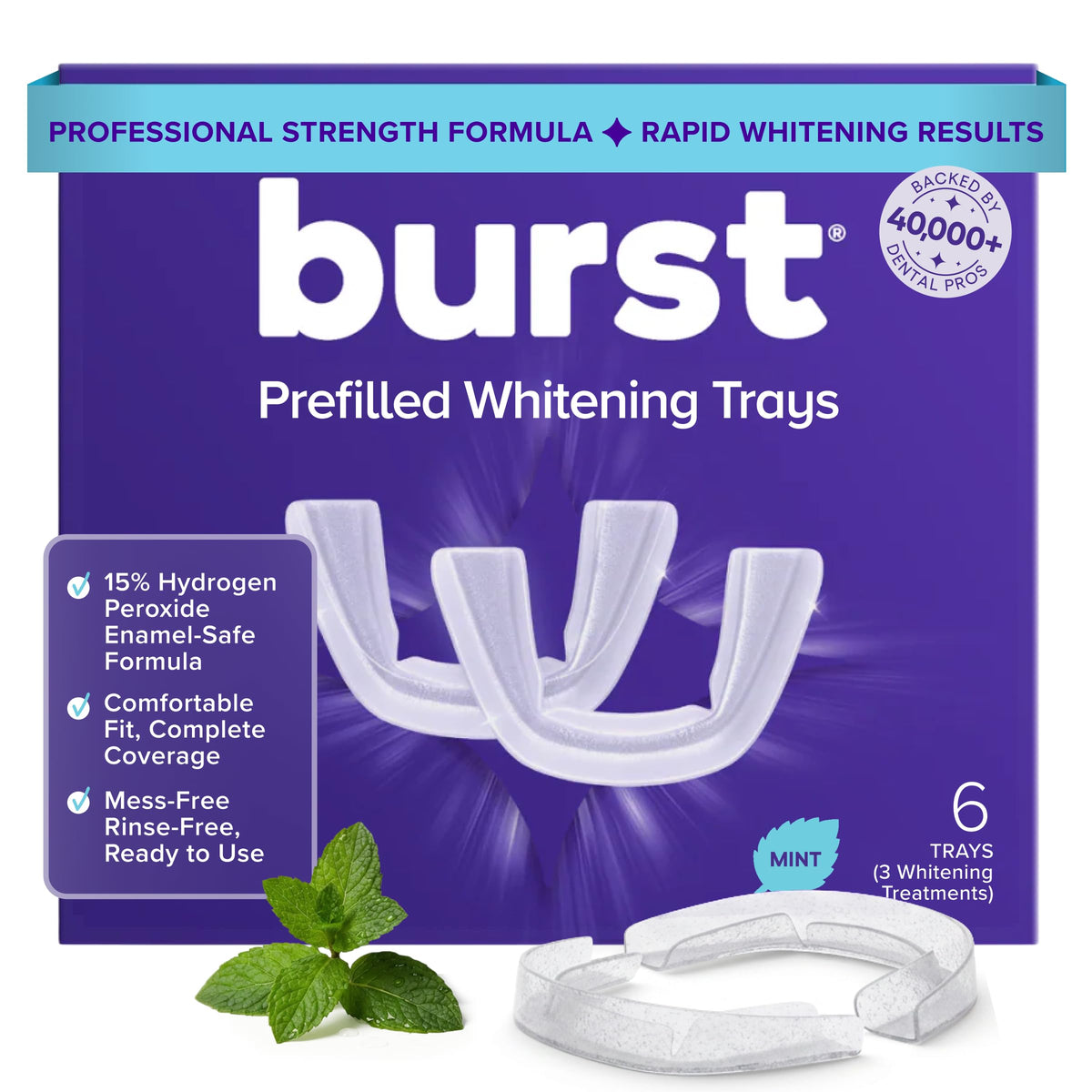 Burst embalaje frontal mostrando 6 bandejas, presenta información clara y profesionalidad
