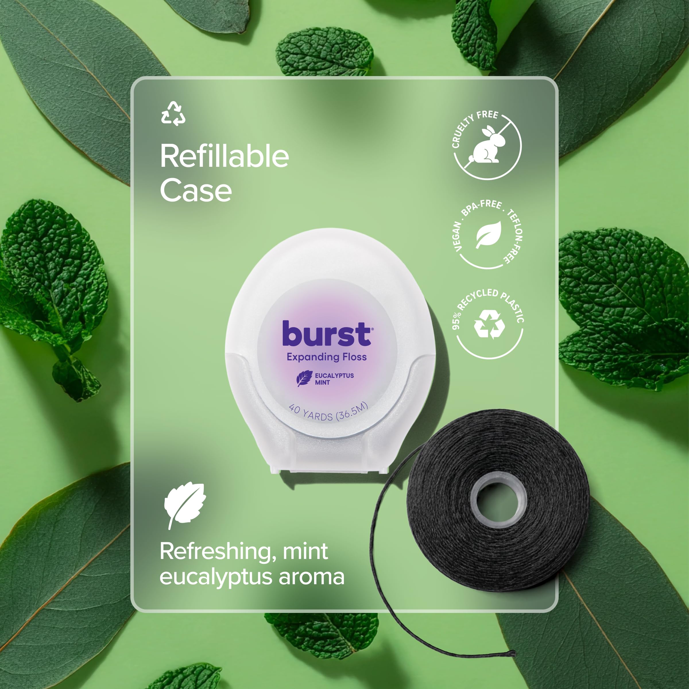 Burst ambiente con menta y eucalipto resaltando aroma refrescante y limpieza
