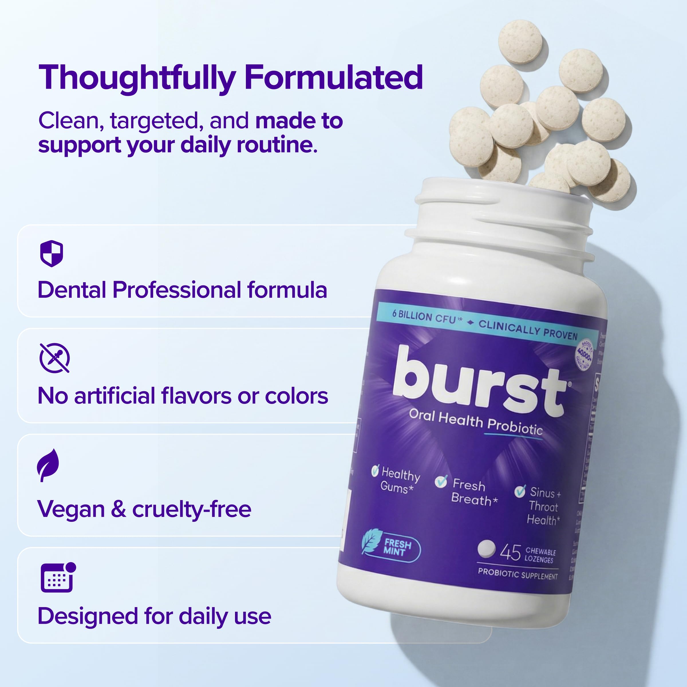 Burst etiqueta con lista de ingredientes limpios y certificaciones visibles