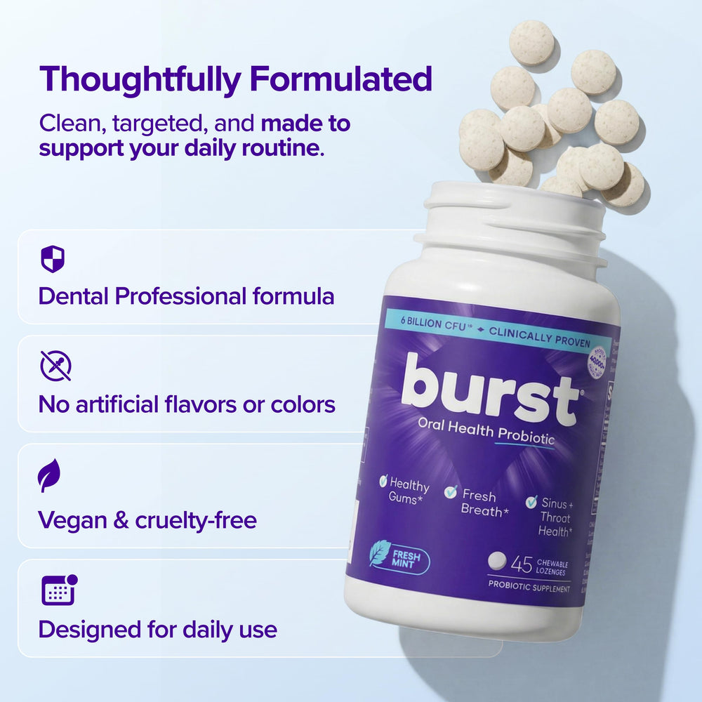 Burst etiqueta con lista de ingredientes limpios y certificaciones visibles