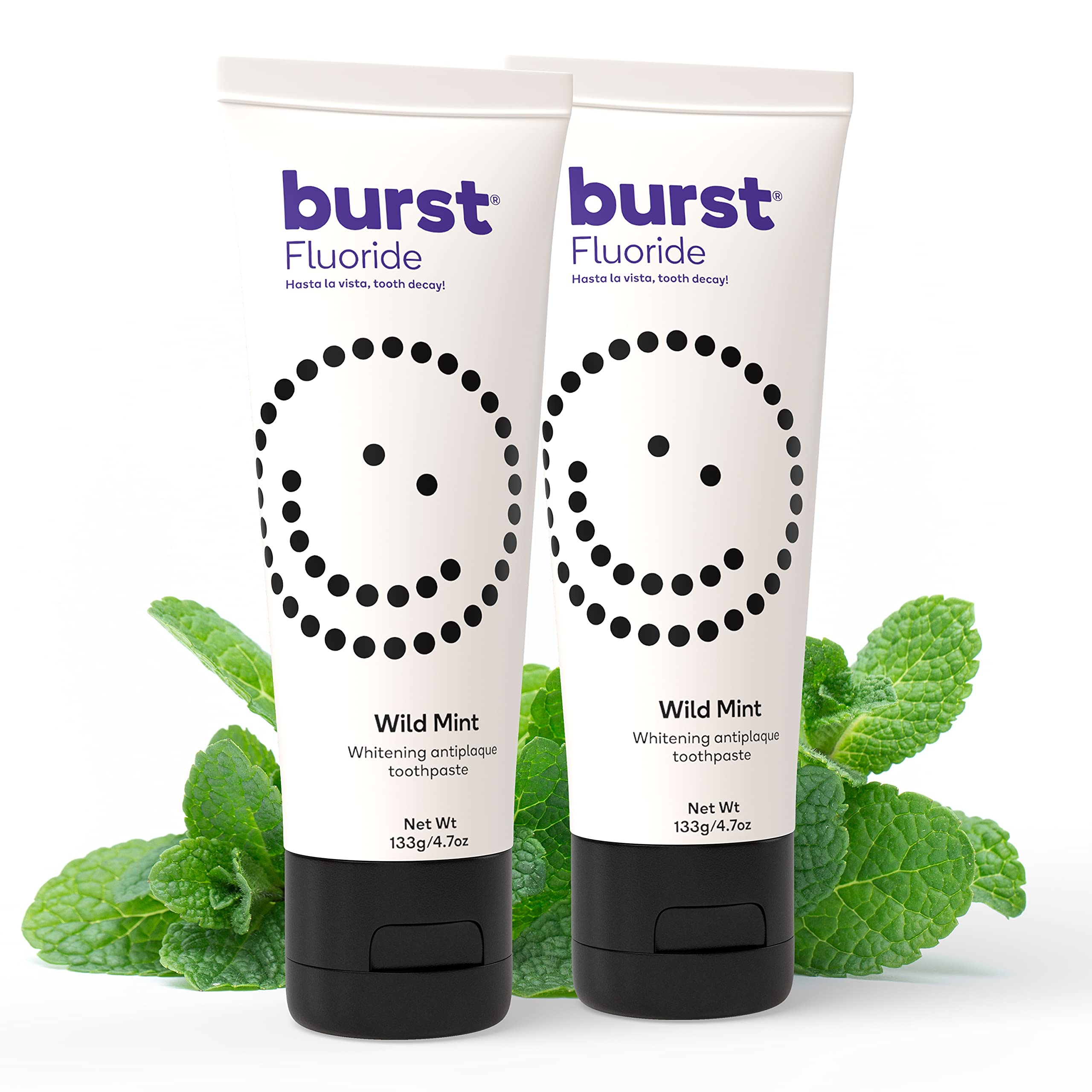 Burst empaque frontal mostrando pack de dos tubos y beneficios principales