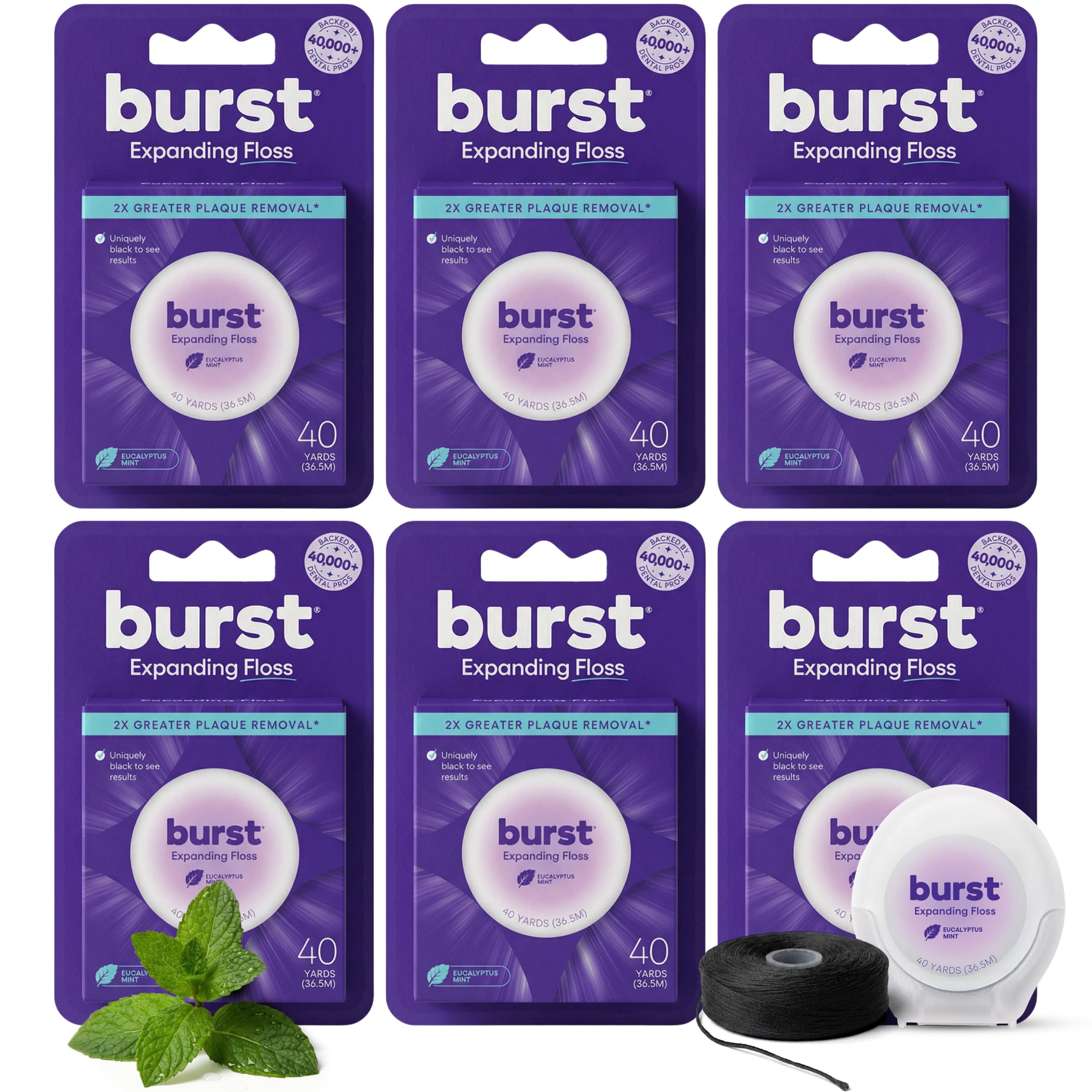 Burst envase frontal del hilo dental mostrando diseño y beneficio de limpieza