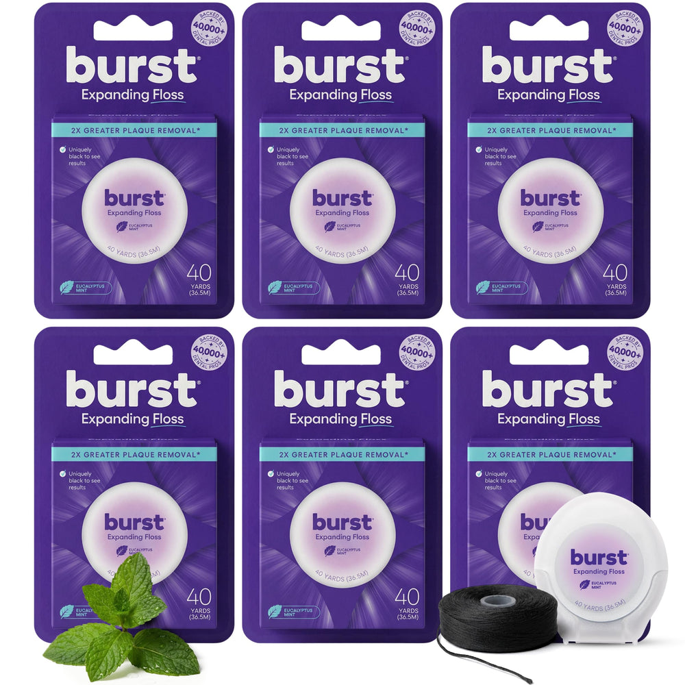 Burst envase frontal del hilo dental mostrando diseño y beneficio de limpieza
