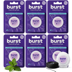 Burst envase frontal del hilo dental mostrando diseño y beneficio de limpieza