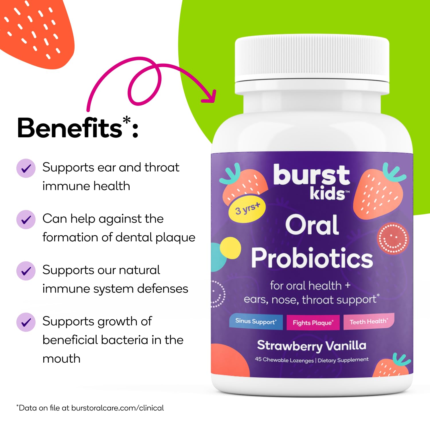 Burst etiqueta con lista de ingredientes destacando cepas probióticas y xilitol beneficiosos