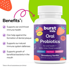 Burst etiqueta con lista de ingredientes destacando cepas probióticas y xilitol beneficiosos