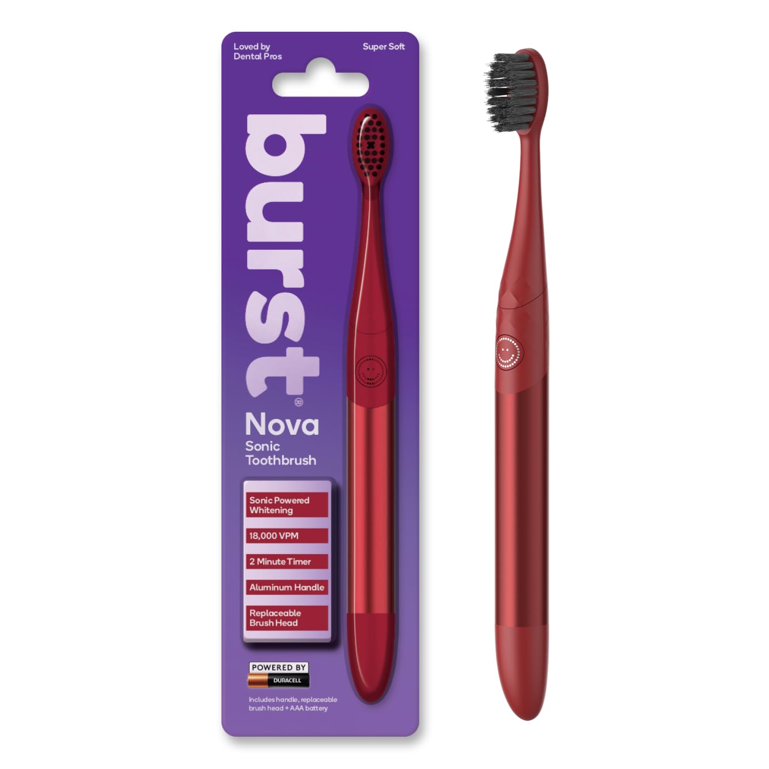 Burst Nova vista frontal del cepillo rojo mostrando diseño y beneficio de limpieza potente