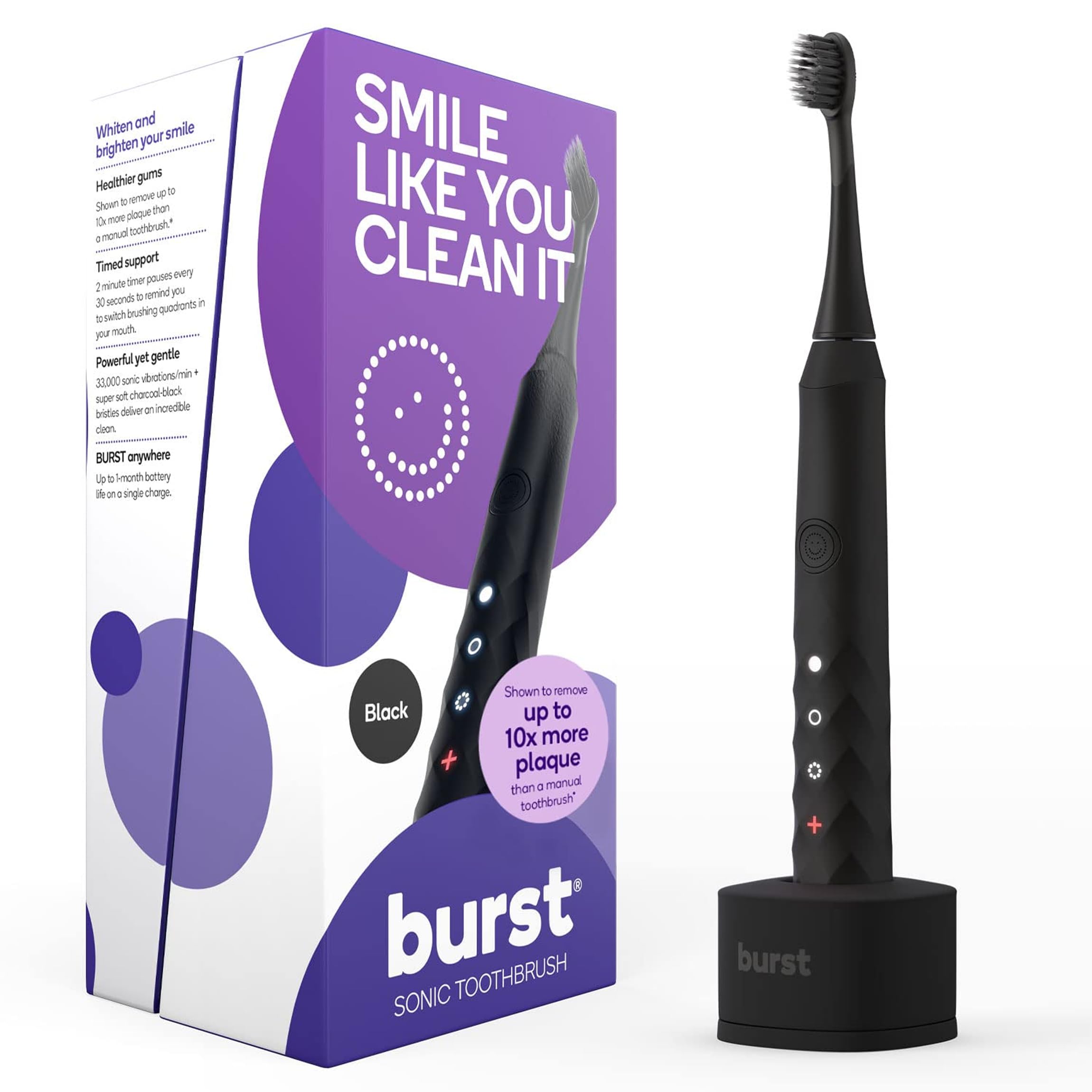 Burst vista frontal del cepillo negro mostrando diseño premium y funcionalidad