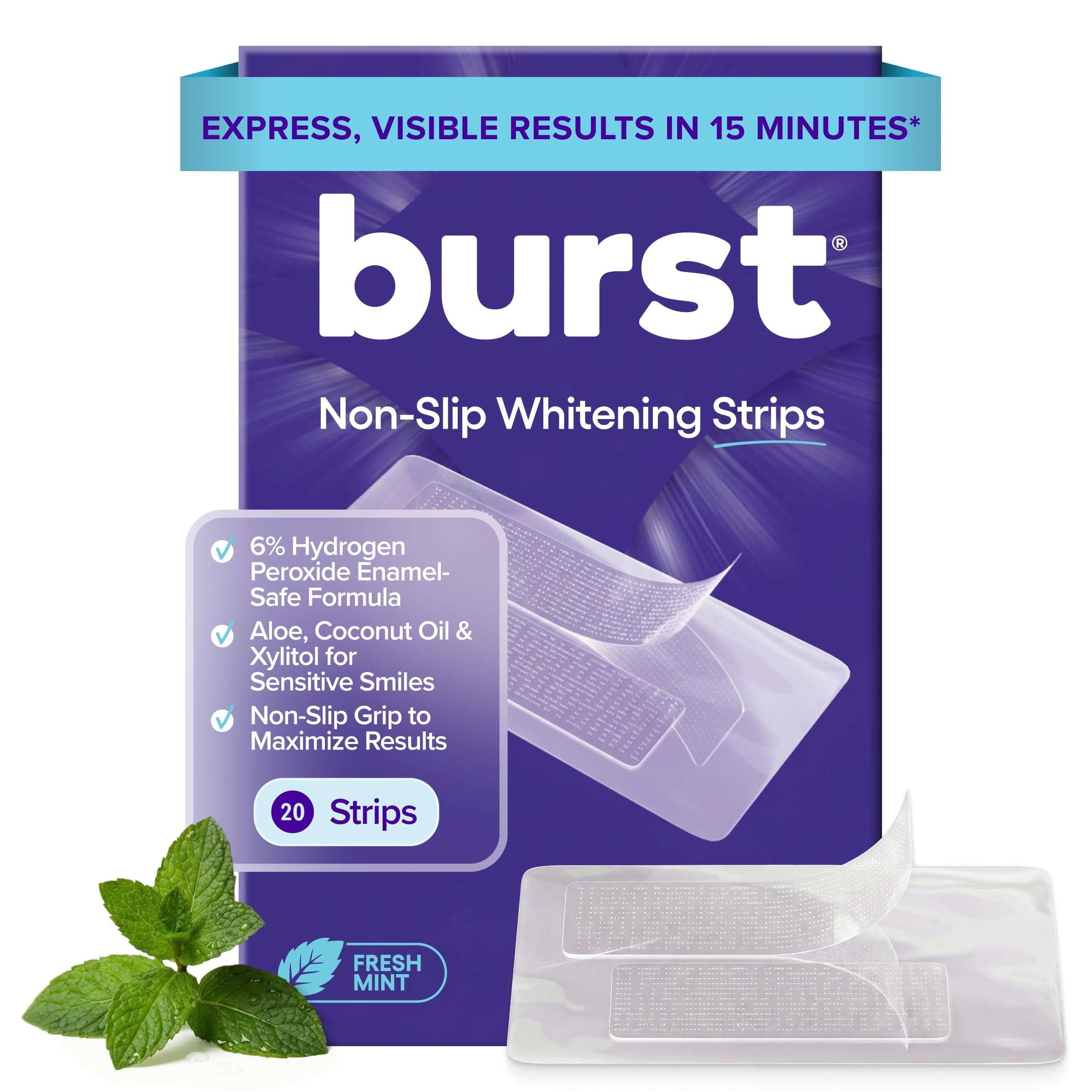 BURST empaque frontal mostrando 20 tiras y beneficios visibles