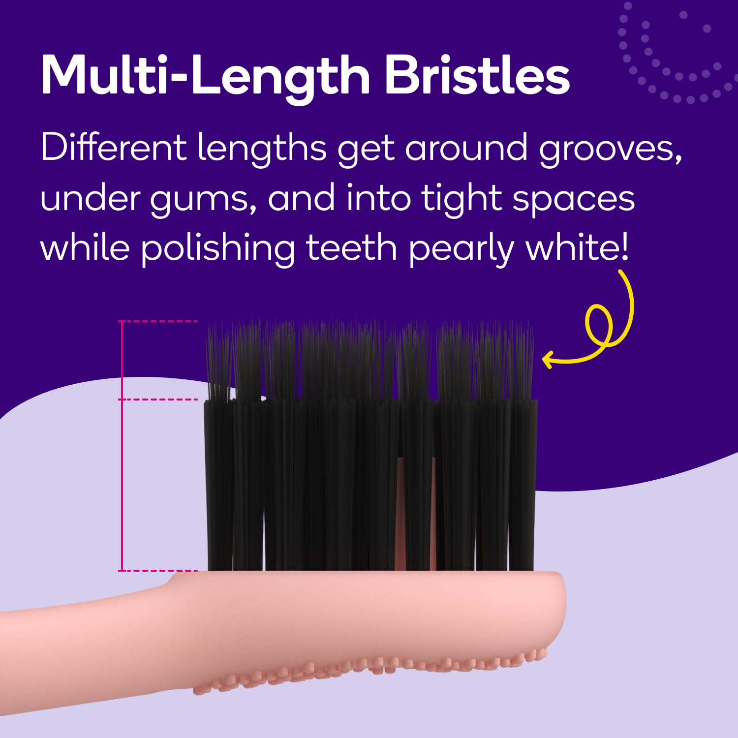Burst textura de cerdas en primer plano que resalta suavidad y alcance interdental
